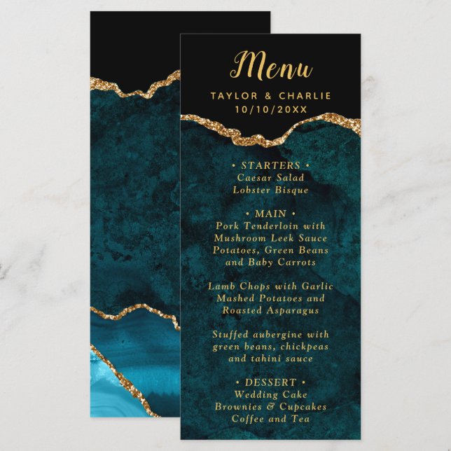 Teal Blue and Gold Agate Wedding Menu (Frente/Verso)
