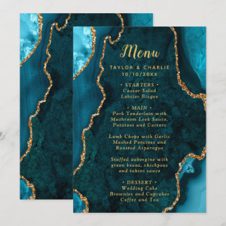 Teal Blue and Gold Agate Wedding Menu