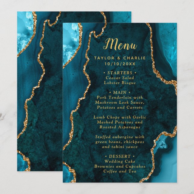 Teal Blue and Gold Agate Wedding Menu (Frente/Verso)