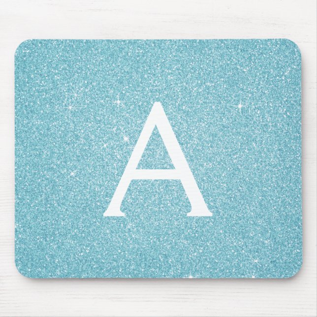 Teal Blue Sparkle Glitter Monogramas Nome Mousepad (Frente)