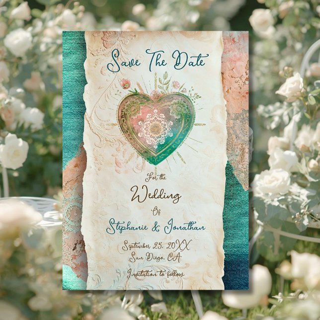 Teal Blush Lace Heart Baroque Save the Date (Criador carregado)