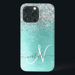 Teal Brugado Metal Silver Glitter Nome Monograma<br><div class="desc">Personalize facilmente esta moda design de capa de telefone de de chic com brilho prateado bonito em um fundo metálico escovado teal.</div>