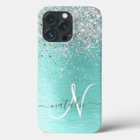 Teal Brugado Metal Silver Glitter Nome Monograma
