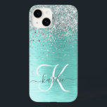 Teal Brugado Metal Silver Glitter Nome Monograma<br><div class="desc">Personalize facilmente esta moda design de capa de telefone de de chic com brilho prateado bonito em um fundo metálico escovado teal.</div>