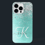 Teal Brugado Metal Silver Glitter Nome Monograma<br><div class="desc">Personalize facilmente esta moda design de capa de telefone de de chic com brilho prateado bonito em um fundo metálico escovado teal.</div>