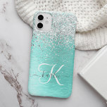 Teal Brugado Metal Silver Glitter Nome Monograma<br><div class="desc">Personalize facilmente esta moda design de capa de telefone de de chic com brilho prateado bonito em um fundo metálico escovado teal.</div>