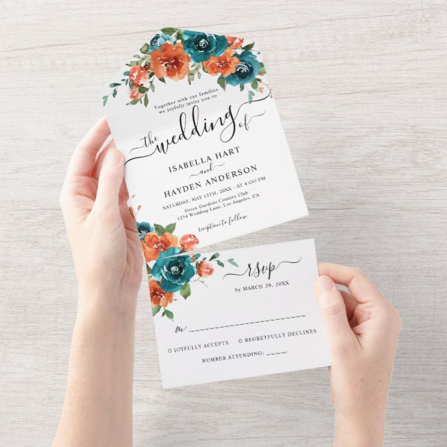  Teal Burnt Orange Rust Casamento Russo Floral RSV (Aba destacável)