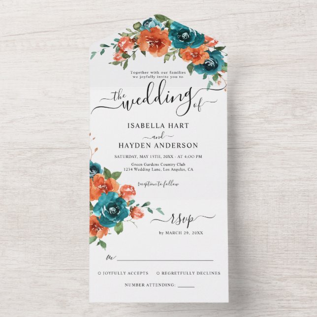 Teal Burnt Orange Rust Rustic Floral Weding RSVP (Interno)
