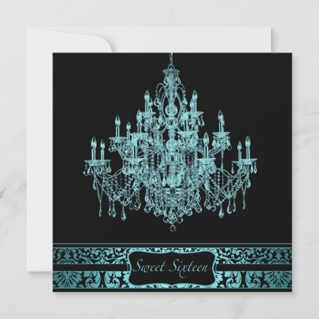 Teal Chandelier Black Sweet 16 Convite (Frente)