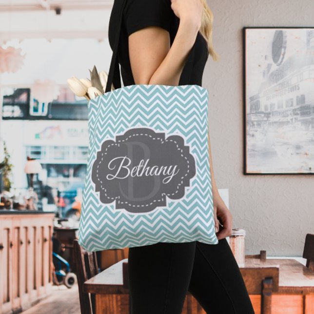 Teal Chevron Personalizado Tote Bag (Teal Chevron Personalized Tote Bag)