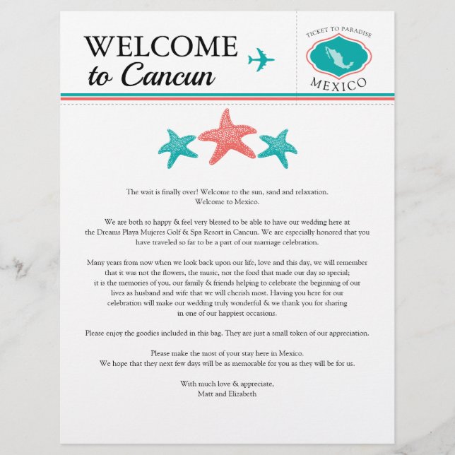 Teal Coral Mexico Wedding Letter (Frente)