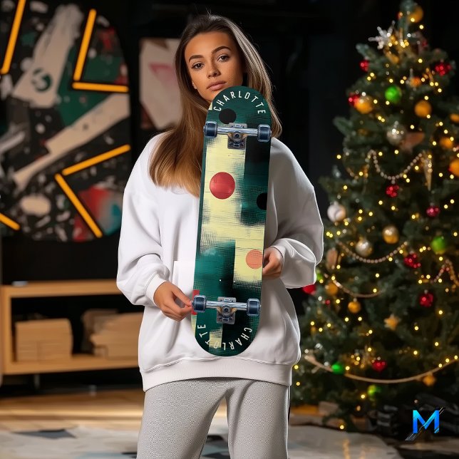 Teal, Creme, Red Abstrato Geométrico Skateboard (Criador carregado)