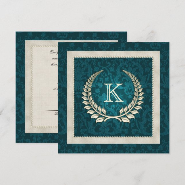 Teal damask e convite para casamento Pearls (Frente/Verso)