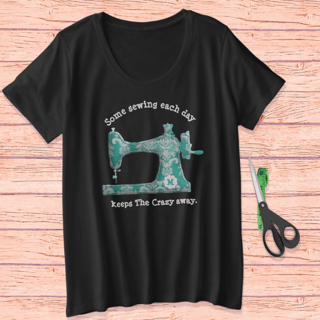 Teal Damask Monograma Sewing Humor T-Shirt (Criador carregado)