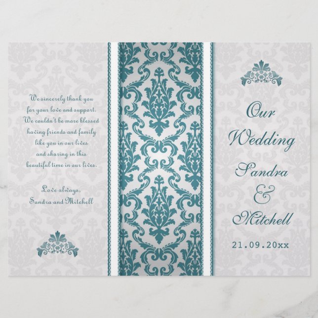 Teal damask on prata Wedding Program (Frente)