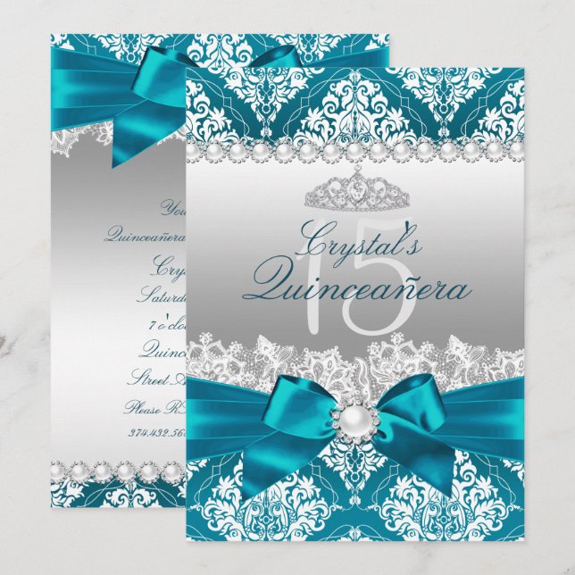 Teal Damask Pearl Arco Quinceanera Convite (Frente/Verso)