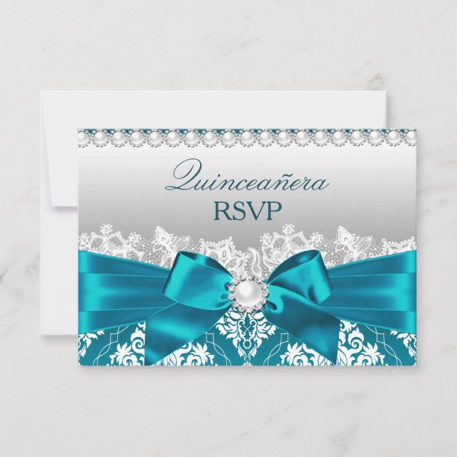 Teal Damask Pearl Arco Quinceanera RSVP (Frente)