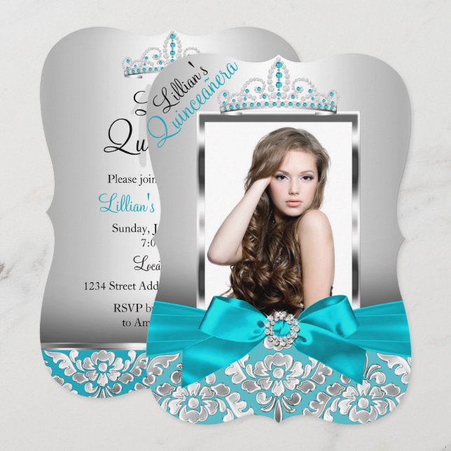 Teal Damask Tiara Photo Quinceanera Convite (Frente/Verso)