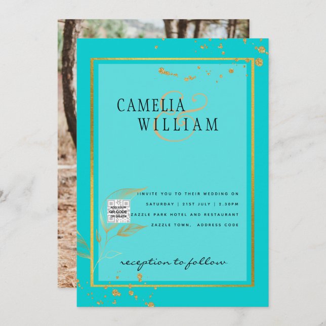 TEAL DE RSVP DE CÓDIGO QR DO Convite de casamento  (Frente/Verso)