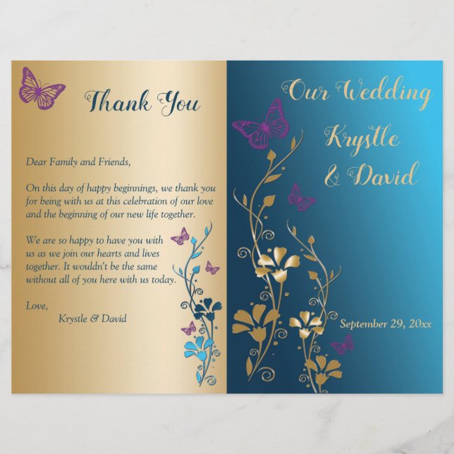 Teal Dourado Purple Floral Bi-Fold Wedding Program (Frente)