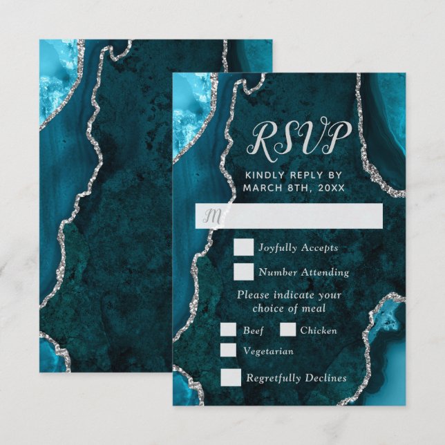 Teal e Prata Escolha de Refeição com Ágata RSVP (Frente/Verso)
