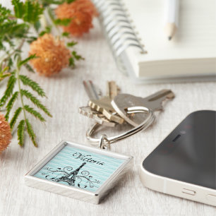 Teal Eiffel Tower Flourish Square Chaveiro