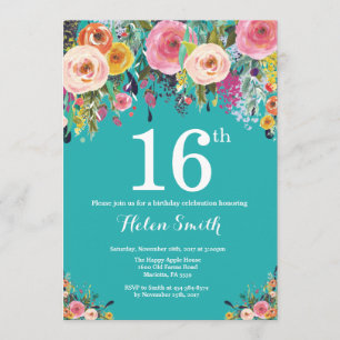 Teal Floral 16º Convite de Aniversário