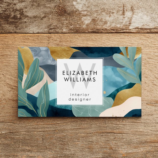 Teal Gold Modern Abstract Monogram Business Cards (Criador carregado)
