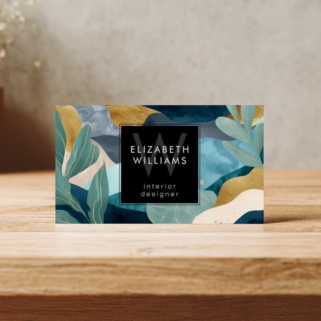 Teal Gold Modern Abstract Monogram Business Cards (Criador carregado)