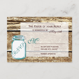 Teal Mason Jar Rustic Barn Wood Cards RSVP de Casa