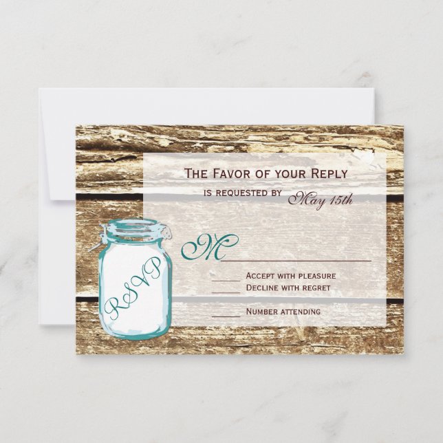 Teal Mason Jar Rustic Barn Wood Cards RSVP de Casa (Frente)