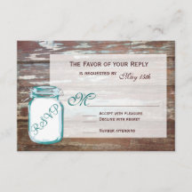 Teal Mason Jar Rustic Barn Wood Cards RSVP de Casa