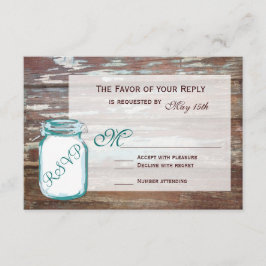 Teal Mason Jar Rustic Barn Wood Cards RSVP de Casa