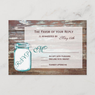 Teal Mason Jar Rustic Barn Wood Cards RSVP de Casa