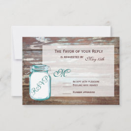Teal Mason Jar Rustic Barn Wood Cards RSVP de Casa
