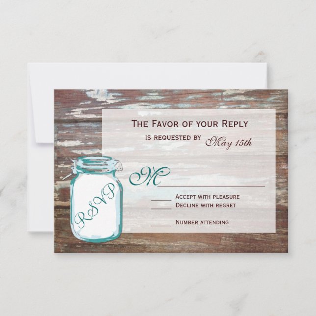 Teal Mason Jar Rustic Barn Wood Cards RSVP de Casa (Frente)