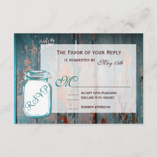 Teal Mason Jar Rustic Barn Wood Cards RSVP de Casa