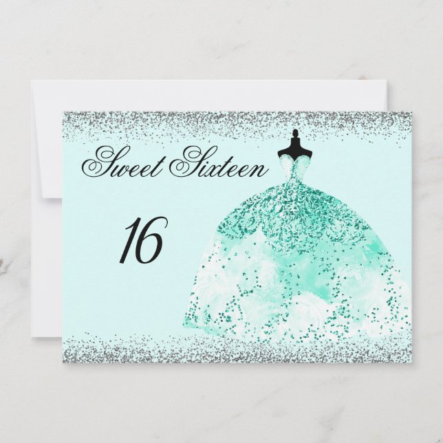 Teal Mint Glitter Confetti Sweet 16 convite (Frente)