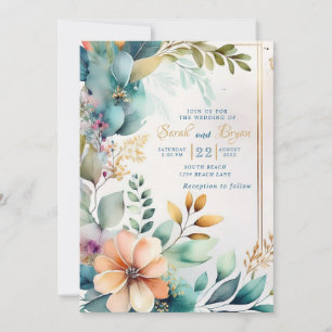 Teal Peach Floral Greenery Dourado Convite