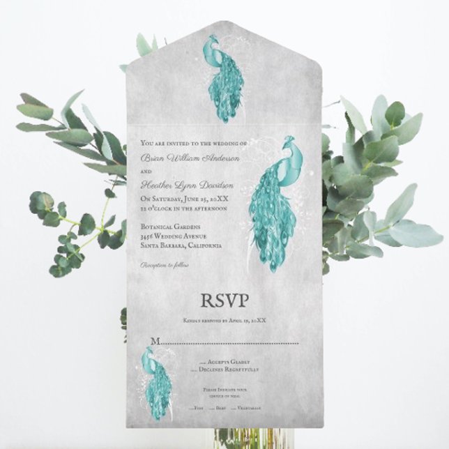 Teal Peacock Casou Tudo Em Um Convite (Teal Peacock All in One Wedding Invite)