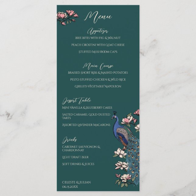 Teal Peacock Hand-Drawn Wedding Menu (Frente)