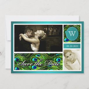 Teal Peacock Wedding Save the Date Cartões com fot