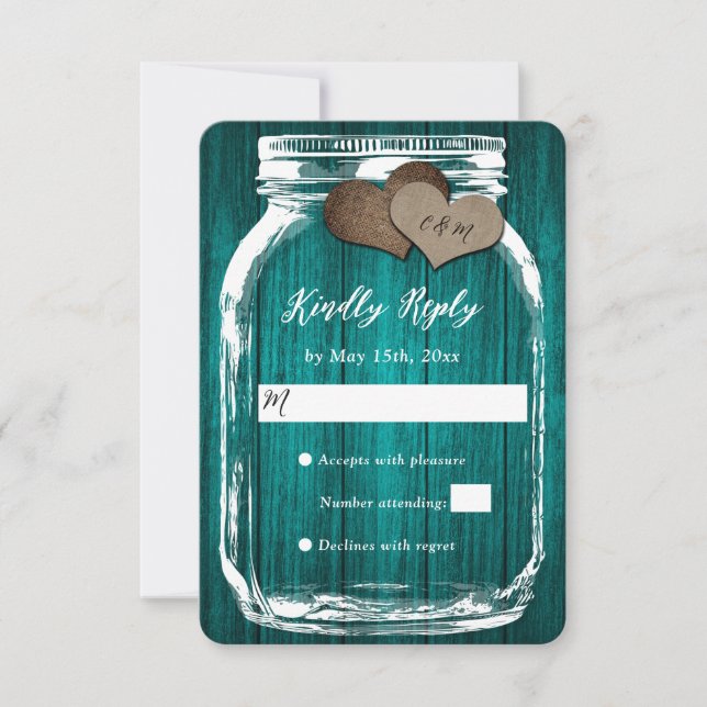 Teal Rustic Wood Mason Jar Two Hearding RSVP (Frente)
