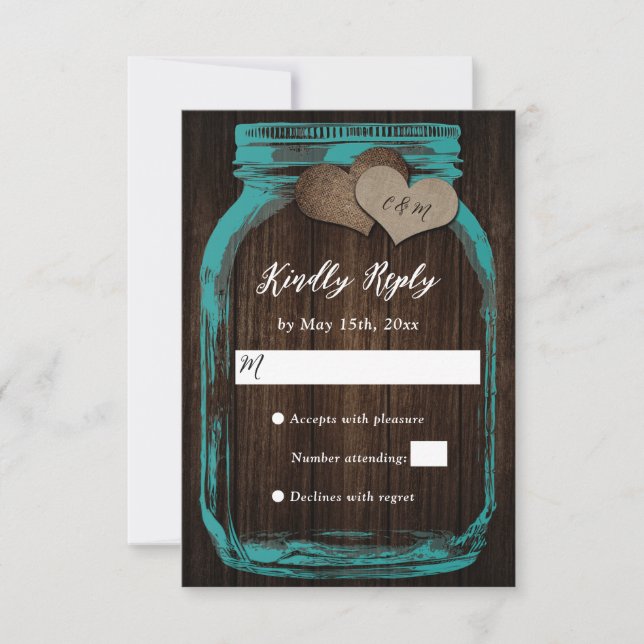 Teal Rustic Wood Mason Jar Two Hearding RSVP (Frente)