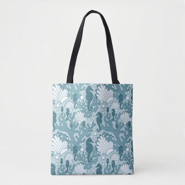 Teal Seacavalo Oceanic Pattern Tote Bag (Frente)
