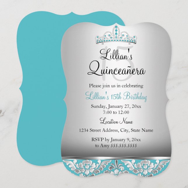 Teal Silver Damask Tiara Quinceanera Convite (Frente/Verso)