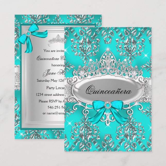 Teal Silver Tiara Damask Quinceanera Convite (Frente/Verso)