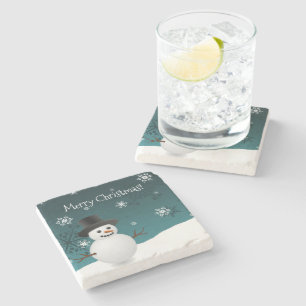 Teal Snowman Winter Scene Porta copos de Pedra de 