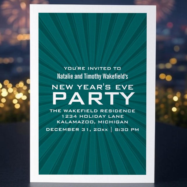 Teal Starburst Stripes Festa de Ano Novo Convite (Teal Starburst Stripes New Years Party Invite)