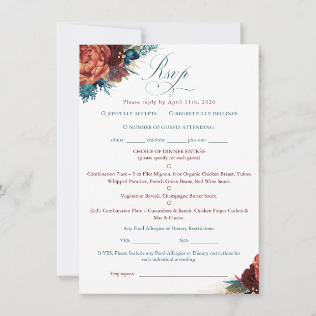 Teal Terracotta Floral Boho Wedding RSVP Card (Frente)